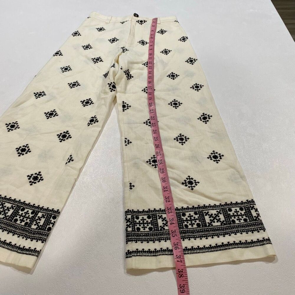 Zara Cream Embroidered Wide Leg Pants XS Boho Linen Blend - Picture 2 of 7